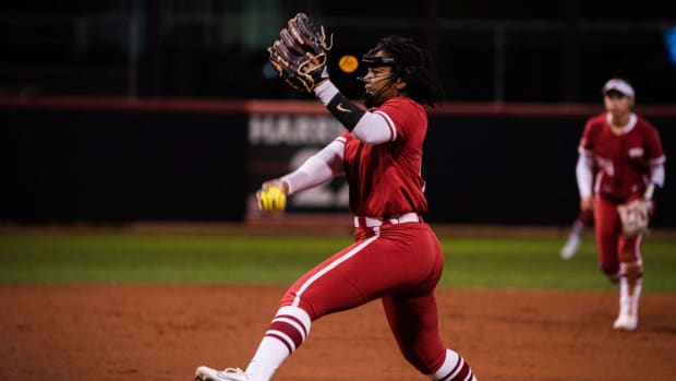 Reigning SEC Pitcher of the Year, Chenise Delce, unloads a pitch during the Rebel kickoff in Las Vegas.